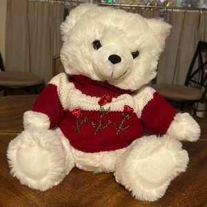 Dan Dee chubby plush stuffed white bear with sweater with roses on front 18”